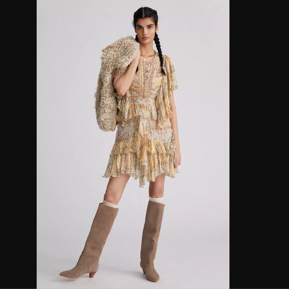 NWT Mes Demoiselles Ruffled Shimmer Boho Mini Dress - Size 4 - Picture 1 of 7